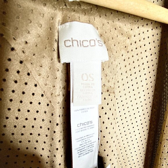 NWT Chicos Peyton Perforated Ruana Cover Arabian Camel One Size Tan Fringe Wrap - Picture 9 of 13